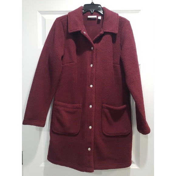 NEW Denim & Co Fleece Sherpa Button LONG Coatigan Wine Burgundy XS - Picture 1 of 5